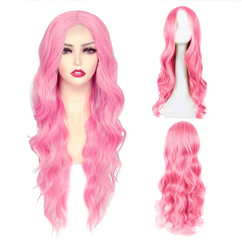 XNIVUIS Pink Wigs for Women Pink Long Wavy Curly Wigs for Women Girls, Cosplay Wig For Women, Synthetic Wigs, Full Hair Middle Parting Wig for Daily Wear Cosplay Masquerade Halloween (Pink)