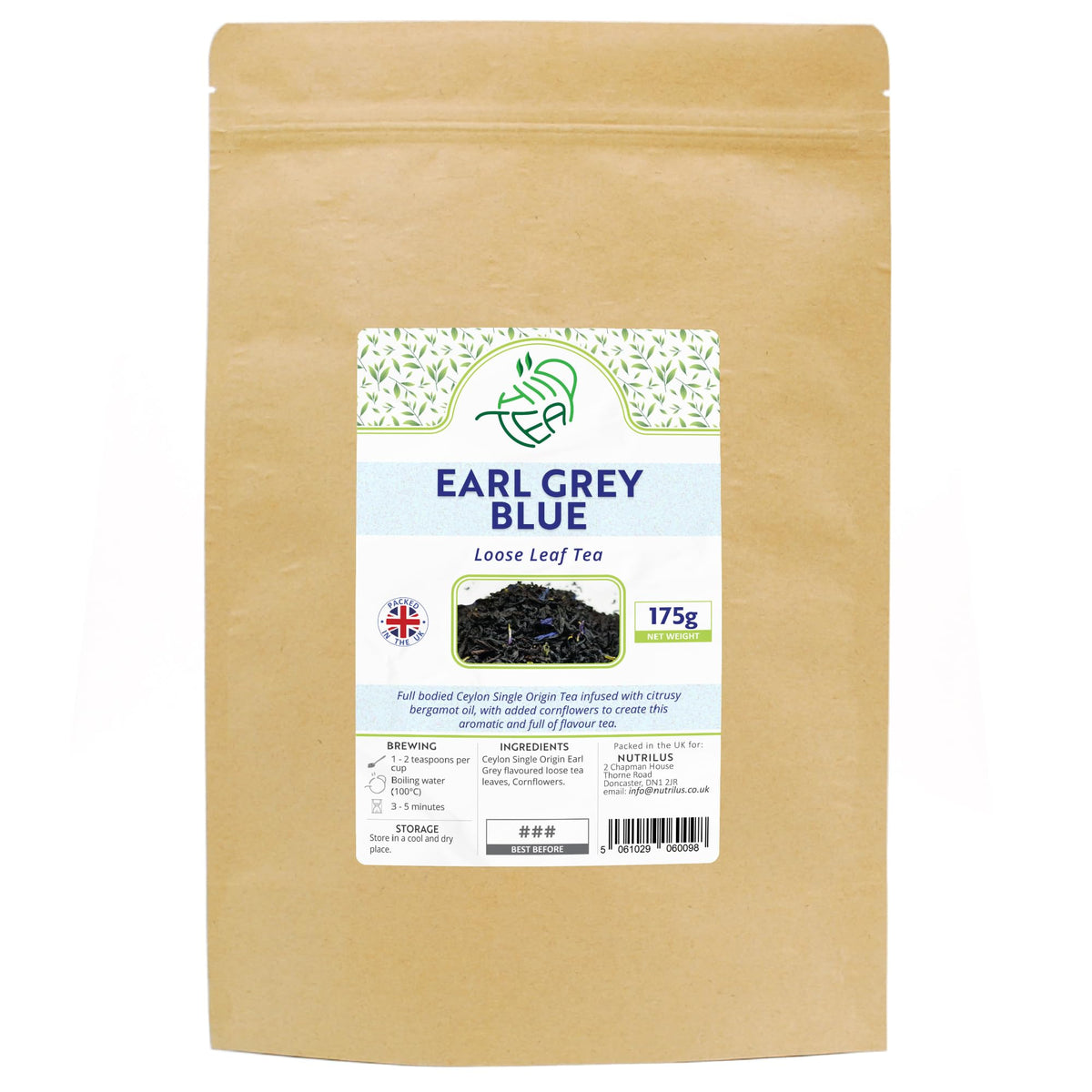 Earl Grey Blue - Premium Loose Leaf Tea Infused With Bergamot Oil - with Cornflowers (Blue, 175g)
