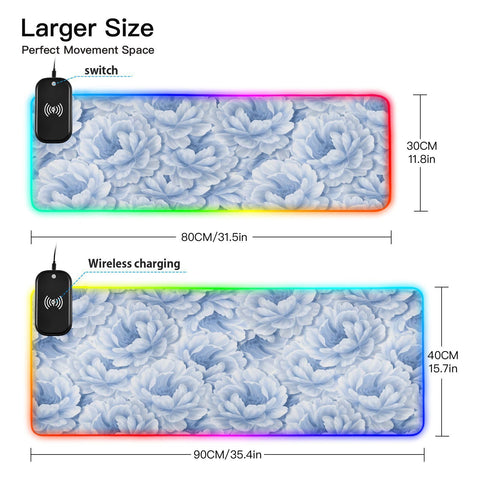 Blue Floral Peony Wireless Charging Mouse Pad for Mobile Phone Extra Large Gaming Mousepad with 13 Lighting Modes Computer Mat for Gaming MacBook PC Laptop Desk Office Home
