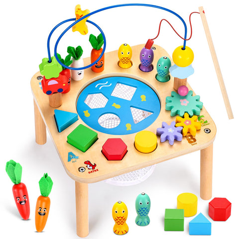oathx 6 in 1 Baby Activity Table Wooden Montessori Toys for 1+ Year Old, 1st Birthday Gifts for Boys Girls Play Sensory Table Shape Sorter, Kids Early Development Toys for Toddler 12+ Months