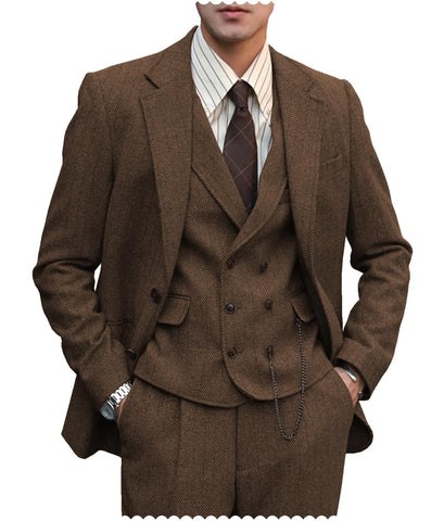 Mens Formal Tweed Wool 3 Piece Wedding Slim Fit Suit Prom Tuxedos Groomsmen(38,Brown)