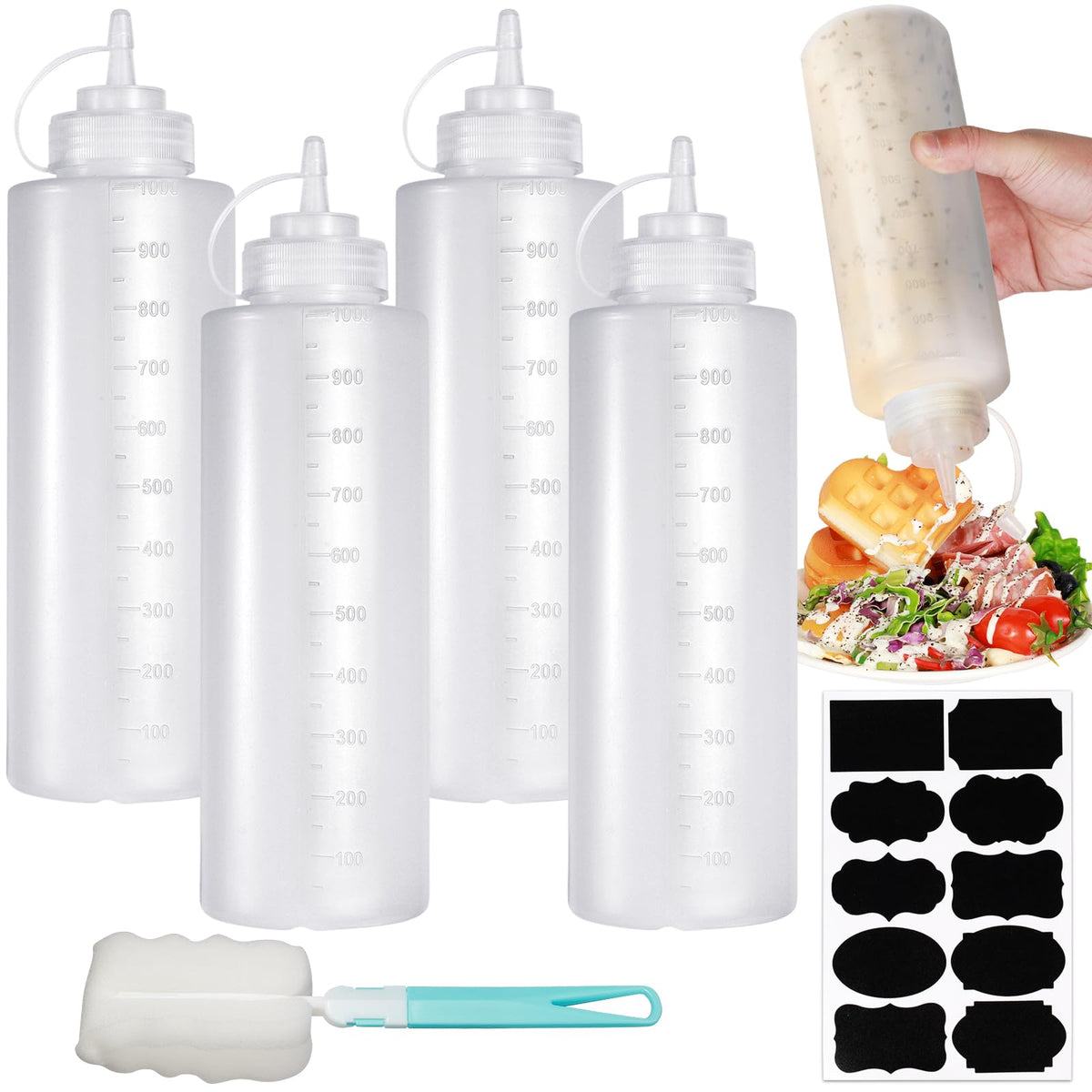 Nadisean 4Pcs Sauce Bottle 1000Ml, Squeezy Bottles with Nozzles 32oz, Squeeze Bottle with Nozzle, Plastic Sauce Bottles with 1 Cleaning Brush and Stickers for Bbq Sauce Ketchup Oil Food and Paint