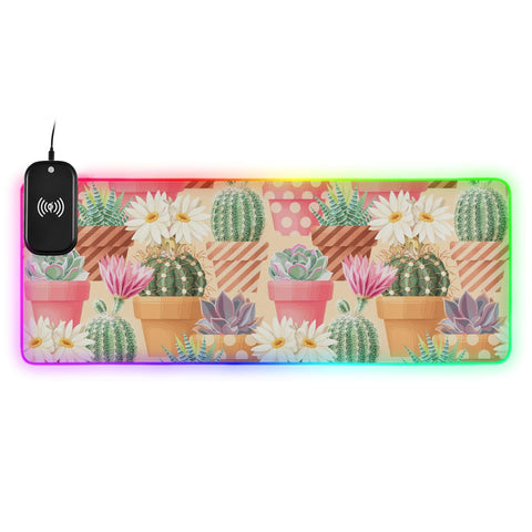 Cactus Wireless Charging Mouse Pad for Mobile Phone Extra Large Gaming Mousepad with 13 Lighting Modes Computer Mat for Office Home Gaming MacBook PC Laptop