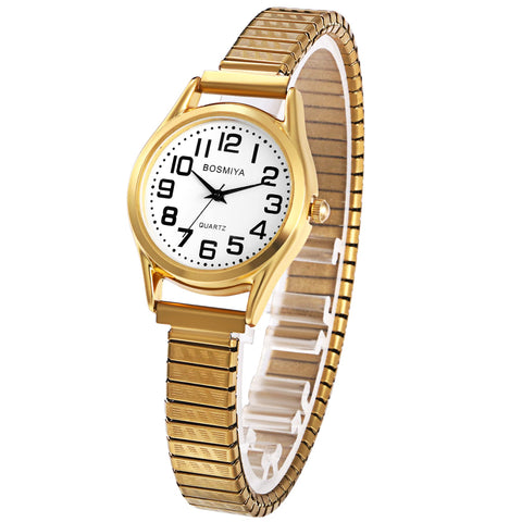Ibohevo Womens Watch Ladies Wristwatch: Women Gold Stretch Band White Dial Thin Watch Girls Eazy Reader Waterproof Watch Elderly Wrist Watch Mujer Reloj