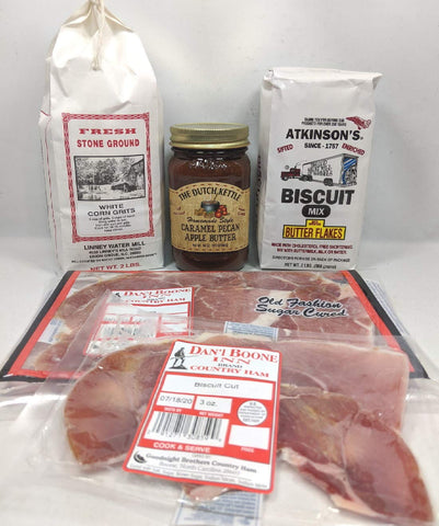 Country Ham Breakfast Meal Kit With Biscuit Mix - Grits And Jelly Flavor of Your Choice (Caramel Pecan Apple Butter)