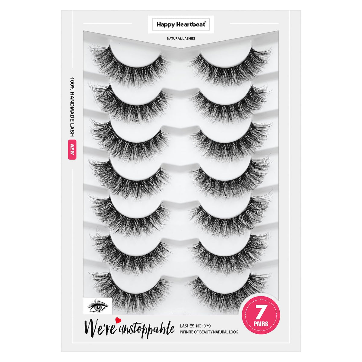 5D Clear Band Lashes 14mm Natural Soft Faux Mink Lashes C/D Curl Cat Eye Wispy Fake Eyelashes Short Cross Reusable False EyeLashes 7 Pairs-Happy Heartbeat(No.200)