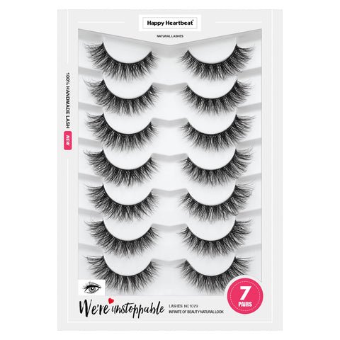 5D Clear Band Lashes 14mm Natural Soft Faux Mink Lashes C/D Curl Cat Eye Wispy Fake Eyelashes Short Cross Reusable False EyeLashes 7 Pairs-Happy Heartbeat(No.200)