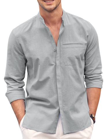 COOFANDY Men's Cotton Linen Shirt Long Sleeve Button Down Shirts Band Collar Beach Yoga Shirts Grey