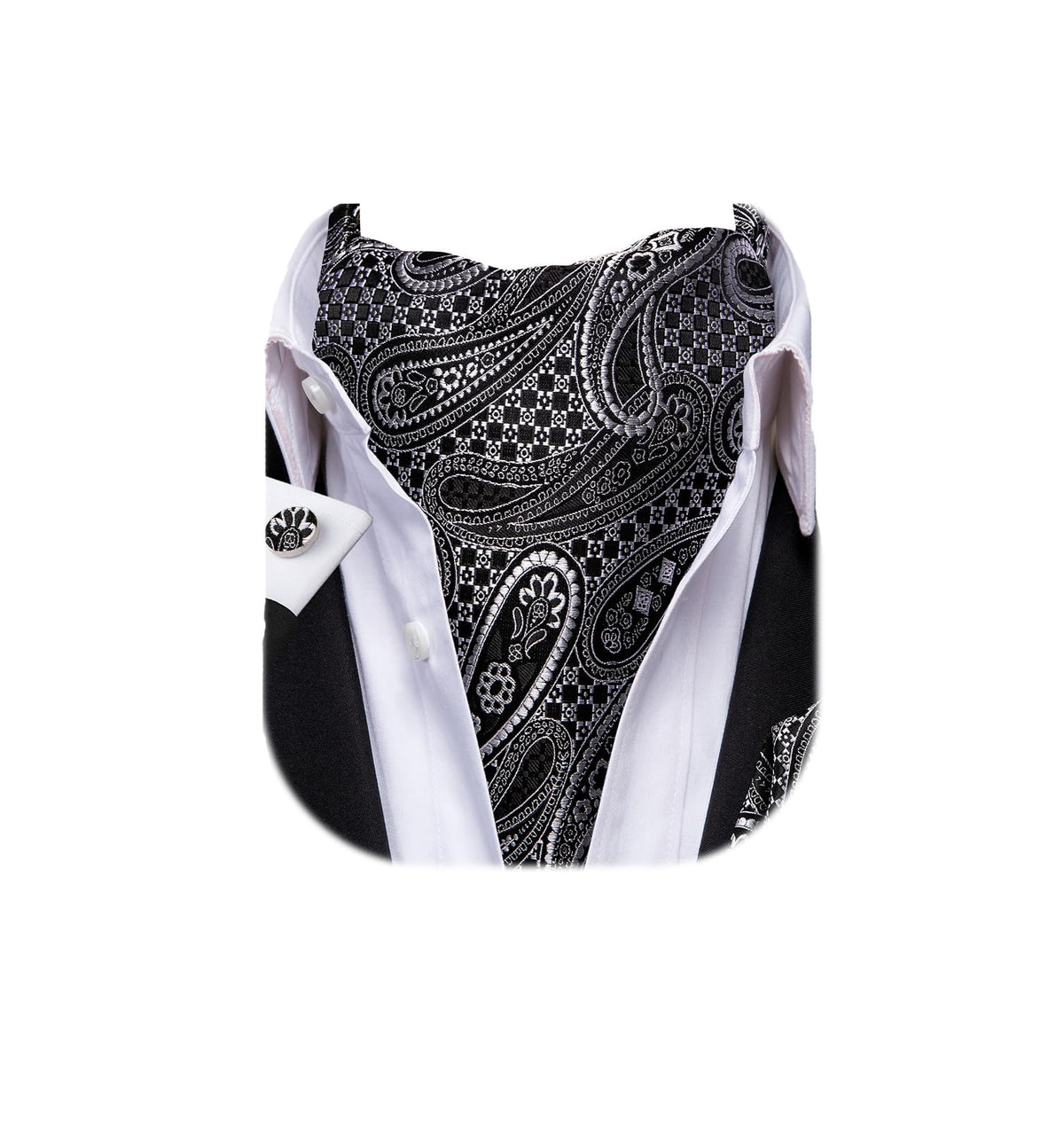 Dubulle Paisley Floral Ascot Tie for Men Self Tie Mens Cravat Tie and Pocket Square Cufflinks Wedding,Black and Silver