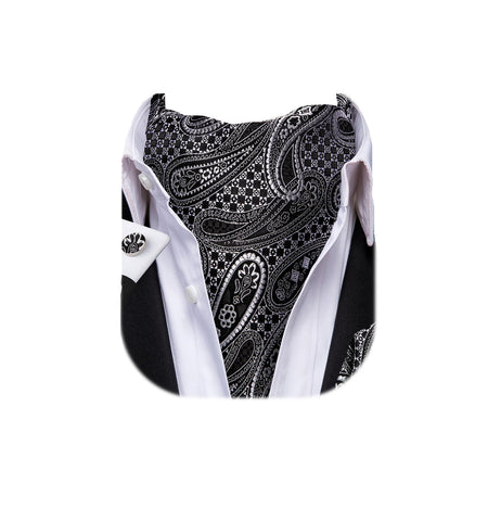 Dubulle Paisley Floral Ascot Tie for Men Self Tie Mens Cravat Tie and Pocket Square Cufflinks Wedding,Black and Silver