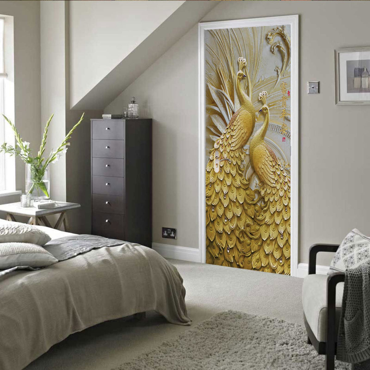 3D Door Stickers for Interior Doors Golden Peacock Self Adhesive Wall Art Stickers for Bedroom House Living Bedroom Office Bathroom Home Improvement W39.4 x H78.7 Inch