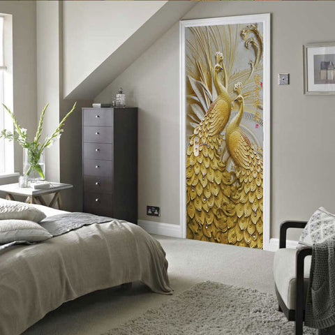 3D Door Stickers for Interior Doors Golden Peacock Self Adhesive Wall Art Stickers for Bedroom House Living Bedroom Office Bathroom Home Improvement W39.4 x H78.7 Inch
