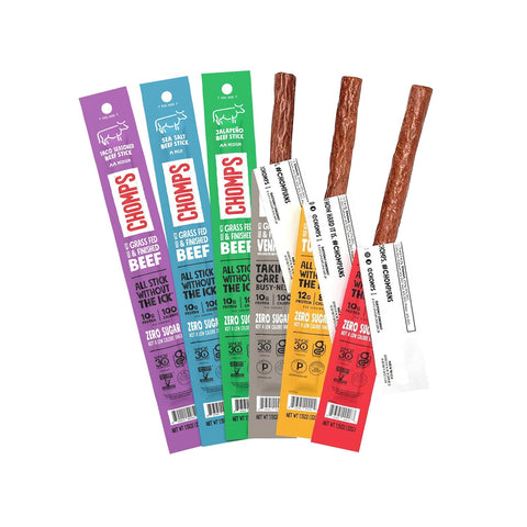 CHOMPS Variety Trial Pack, Grass Fed and Free Range Beef & Turkey Sticks, 6 Flavor Pack - Keto, Paleo, Whole30