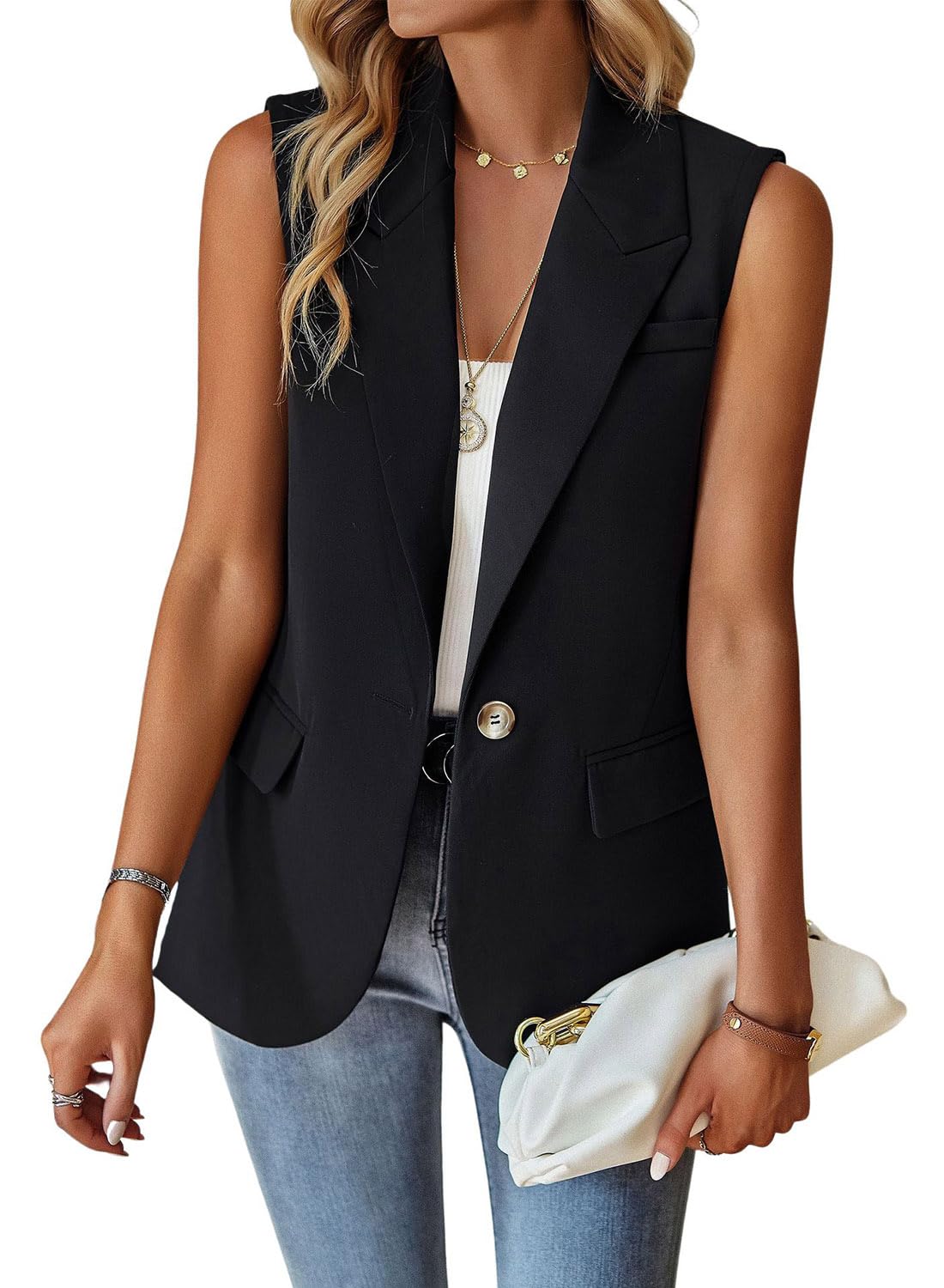 utcoco Women's Casual Business Blazer Vest Sleeveless Open Front Blazer Waistcoat with Pockets (Large, Black)