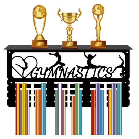 CREATCABIN Gymnastics Medal Holder Trophy Shelf Medal Hanger Display with Shelf Stand Sports 4 Rows Wall Mount Hold 70+ Medals for Women Gymnastics Soccer Running Swimming Awards Rack 15.7 x 7.9 Inch