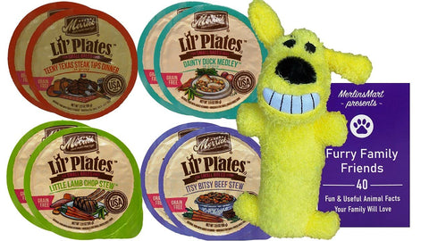 Merrick Lil' Plates Grain Free Small Breed Dog Food 4 Flavor 8 Can Variety (2) Each: Texas Steak, Dainty Duck, Beef Stew, Lamb Chop Stew (3.5 Ounces) - Plus Squeak Toy and Fun Facts Booklet Bundle