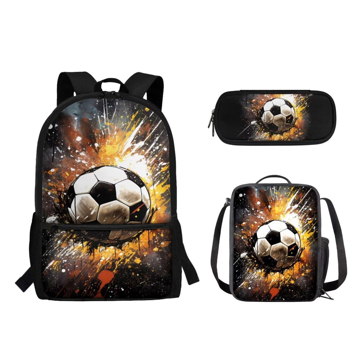 RMMRIYUE 3Pcs Cool Soccer Print Boys School Backpack Set Football Design Elementary Middle Bookbag Kids Backpacks with Lunch Box and Pencil Case Primary Middle School Bags