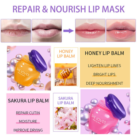 Lip Sleeping Mask Lip Balm Skincare Set,Honey Sakura Moisturizing Lip Plumper Care Day Night Repair,Prevent Dry Crack,Lip Line Reducing,Clearing Dead Skin,Lipstick Primer,Unisex 2 Count