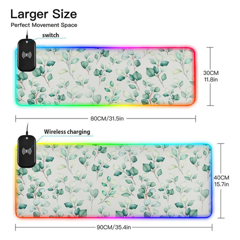Green Leaves Watercolor Wireless Charging Mouse Pad for Mobile Phone Extra Large Gaming Mousepad with 13 Lighting Modes Extended Desk Mat for MacBook PC Laptop Desk Office Home Gaming