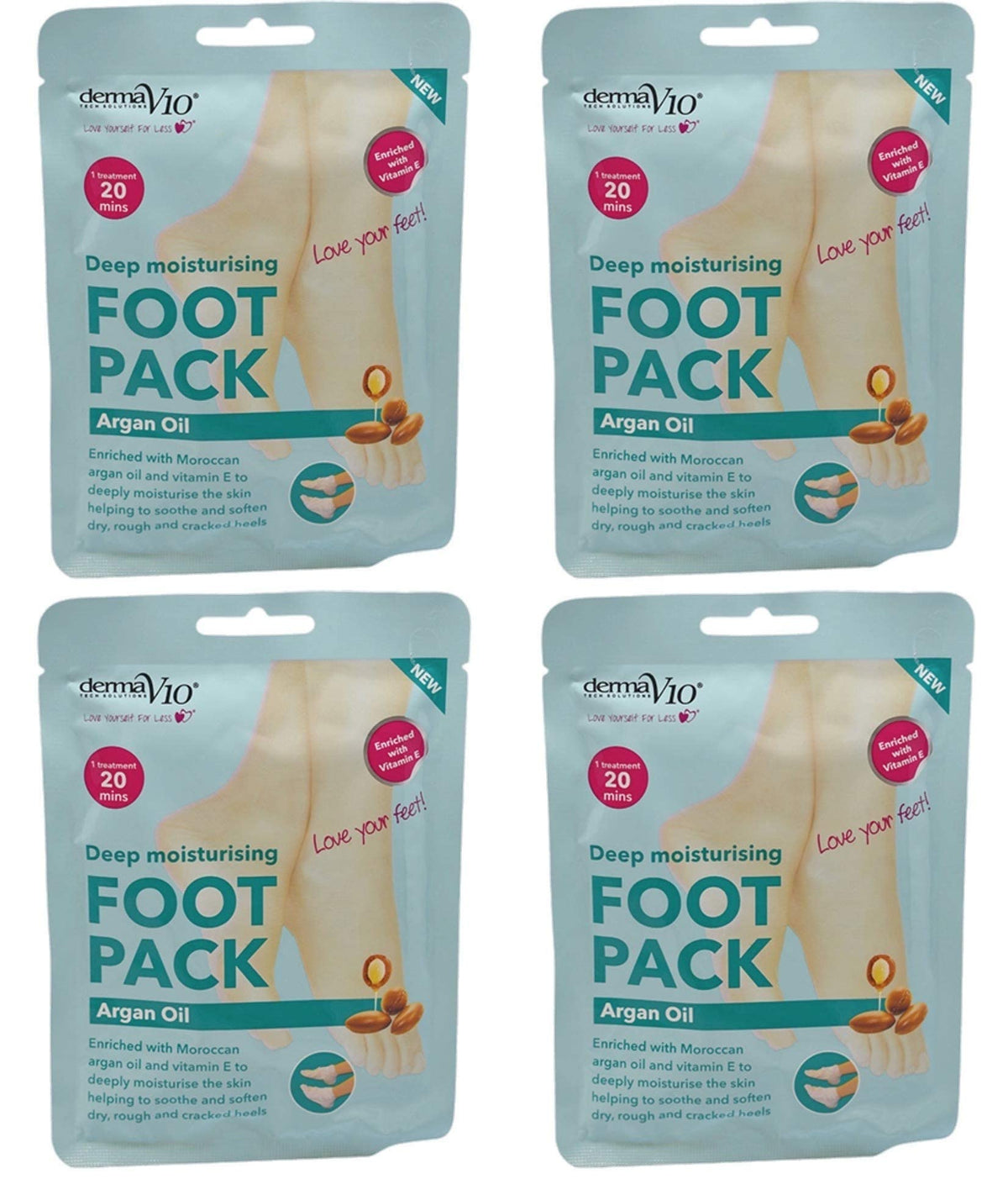 Derma V10 Foot Pack Mask (4 Pack) Deep Moisturising Tea Tree and Peppermint Oil, Honey and Almond Oil Moroccan Argan Oil & Hemp Seed Oil (Moroccan Argan Oil)