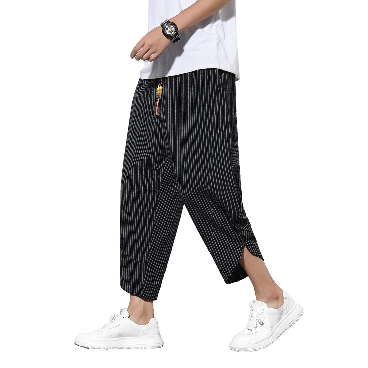 DOSLAVIDA Men's Casual Elastic Waist Linen Capri Pants Wide Leg Baggy Cotton Harem Yoga Trousers Loose Patchwork Shorts