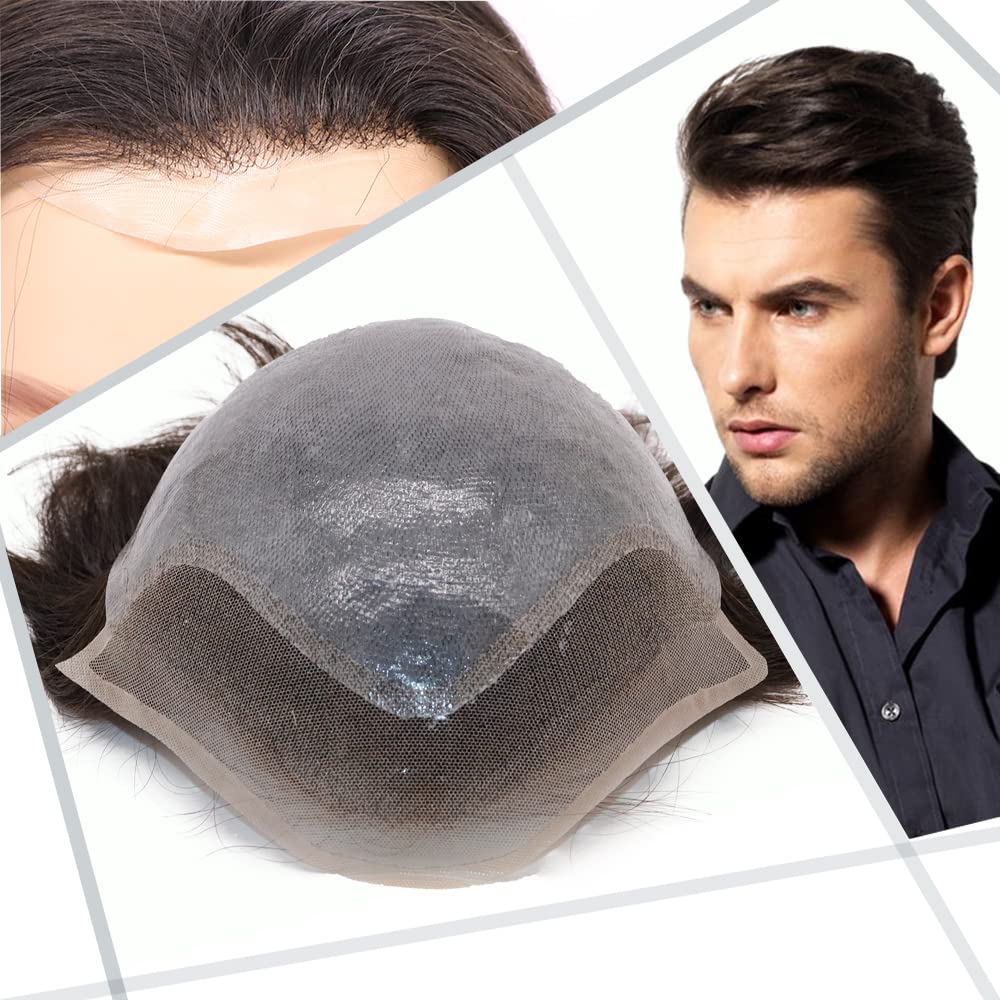 Civmo Men toupee Swiss Lace Front Natural Hairline Men Toupee with PU Skin V-looped European Human Hair Replacement System for Man Wigs 8x10 Inches Medium Density Hairpiece (#2 Darkest Brown Color)