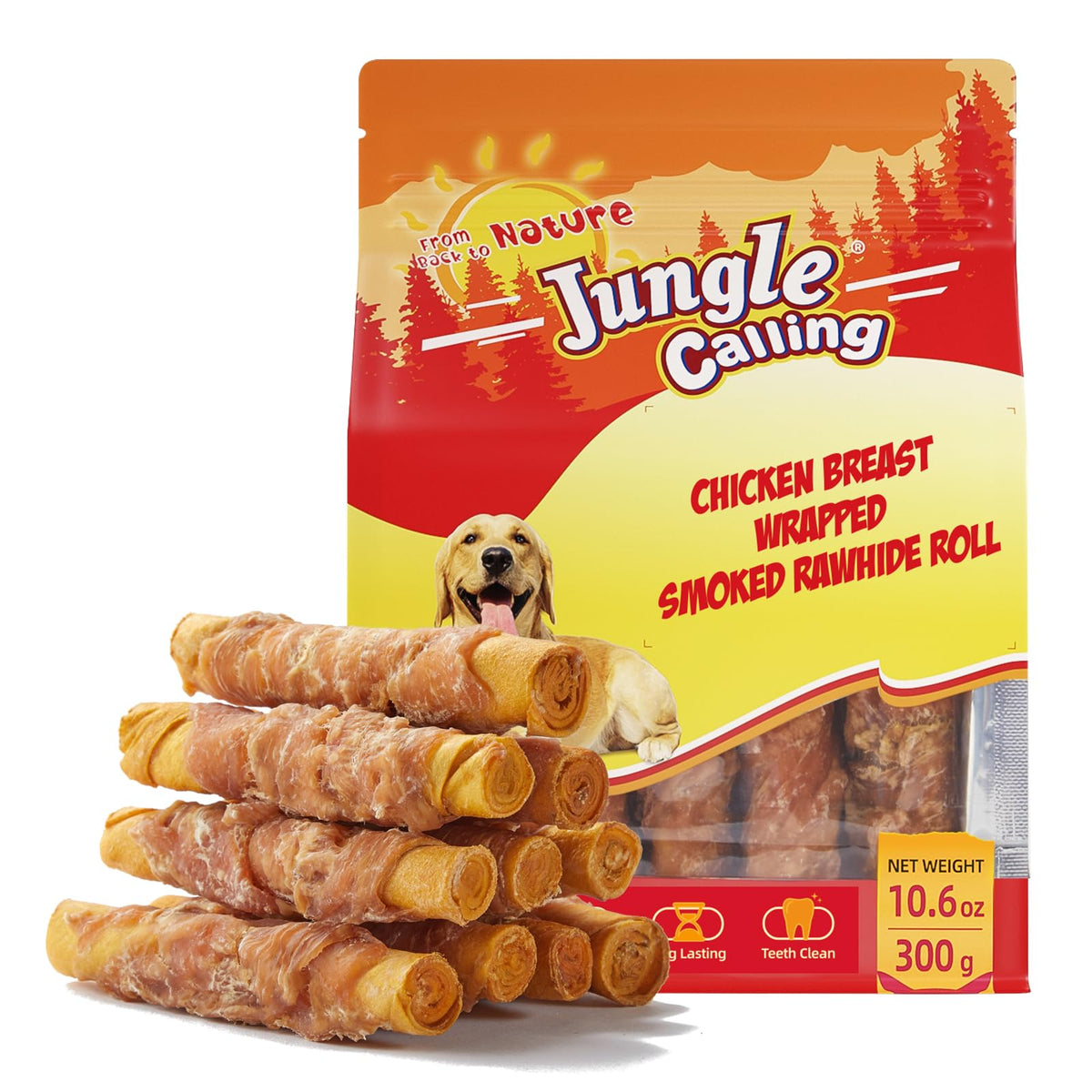 Jungle Calling Dog Treats Smoked Chicken Wrapped Rawhide Rolls, High Protein Dog Chews, Rawhide Chews for Medium and Large Dogs, 10.6 Oz