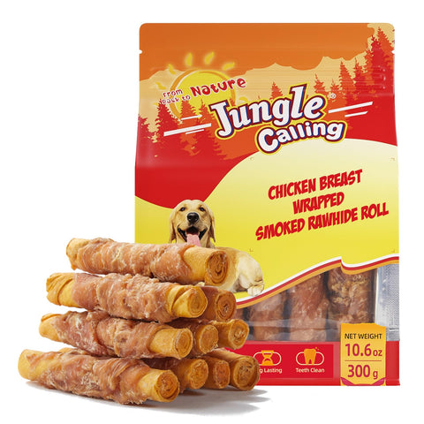 Jungle Calling Dog Treats Smoked Chicken Wrapped Rawhide Rolls, High Protein Dog Chews, Rawhide Chews for Medium and Large Dogs, 10.6 Oz