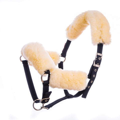 Merauno Sheepskin Horse Noseband Cover Lambskin Halter Set 1x Neck saver 1x Nose Protector 2x Cheek pieces