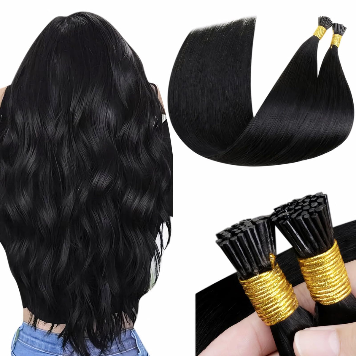 LaaVoo I Tip Hair Extensions Human Hair Jet Black Itip Human Hair Extensions Black I Tips Hair Extensions Real Human Hair Black Women 14 inch 40g 80s