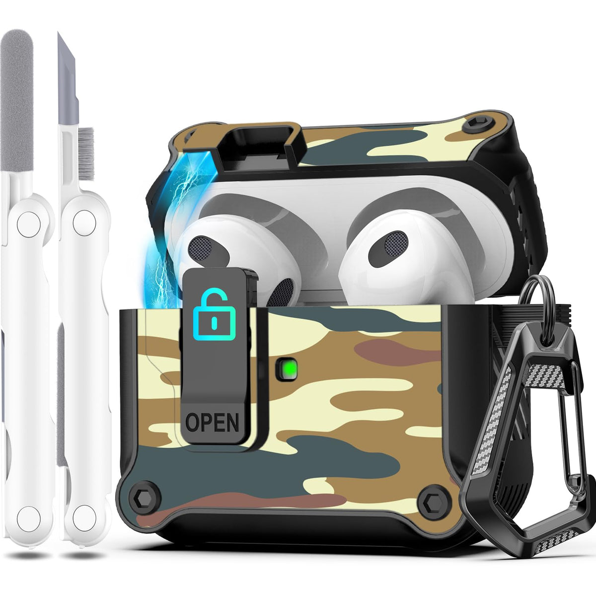 R-fun Compatible with AirPods 3rd Generation 2021 Charging Case Cover, Full Drop Protection Auto Pop-Up Lid Compatible with Apple Airpod 3 Gen Case with Cleaner Kit & Keychain,De Camouflage
