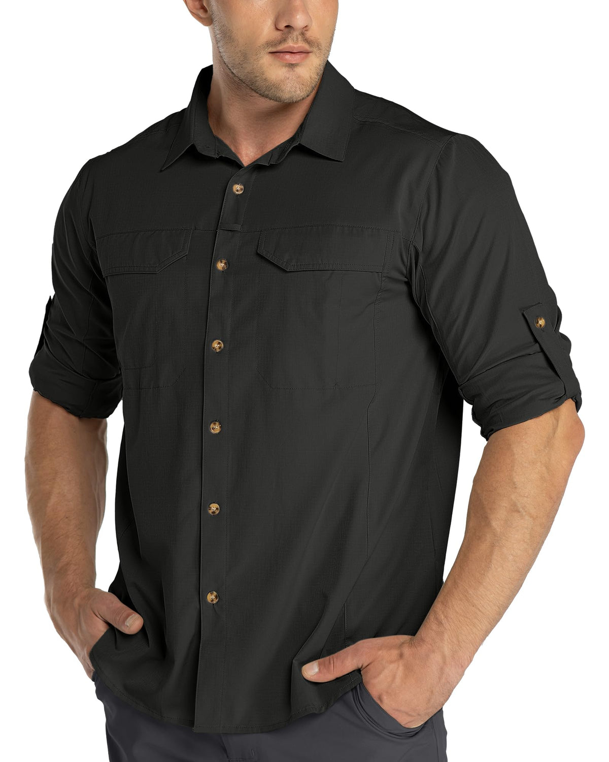 33,000ft Men's Long Sleeve Hiking Shirt Lightweight Quick Dry UV Button Shirts with Pockets Outdoor Shirts for Safari Walking Fishing Black M