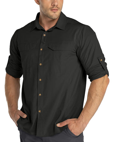 33,000ft Men's Long Sleeve Hiking Shirt Lightweight Quick Dry UV Button Shirts with Pockets Outdoor Shirts for Safari Walking Fishing Black M