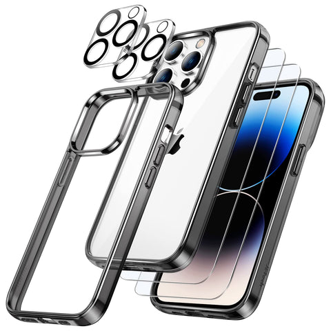 JETech 5 in 1 Case for iPhone 14 Pro Max 6.7-Inch, with 2-Pack Screen Protector and 2-Pack Camera Lens Protector, Full Coverage Tempered Glass Film, Shockproof Bumper Phone Cover (Black)