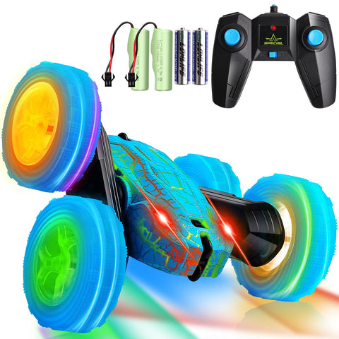 FAFUGANIA Remote Control Car, 360ÃƒÆ’Ã†â€™ÃƒÂ¢Ã¢â€šÂ¬Ã…Â¡ÃƒÆ’Ã¢â‚¬Å¡Ãƒâ€šÃ‚Â° Rotating RC cars with Wheel Light and Body crack light, Fast and Flips 4WD Double-Sided RC Stunt Cars For 6-12 years old Kids Xmas Toy Cars Gift for Boys Girls(Blue)