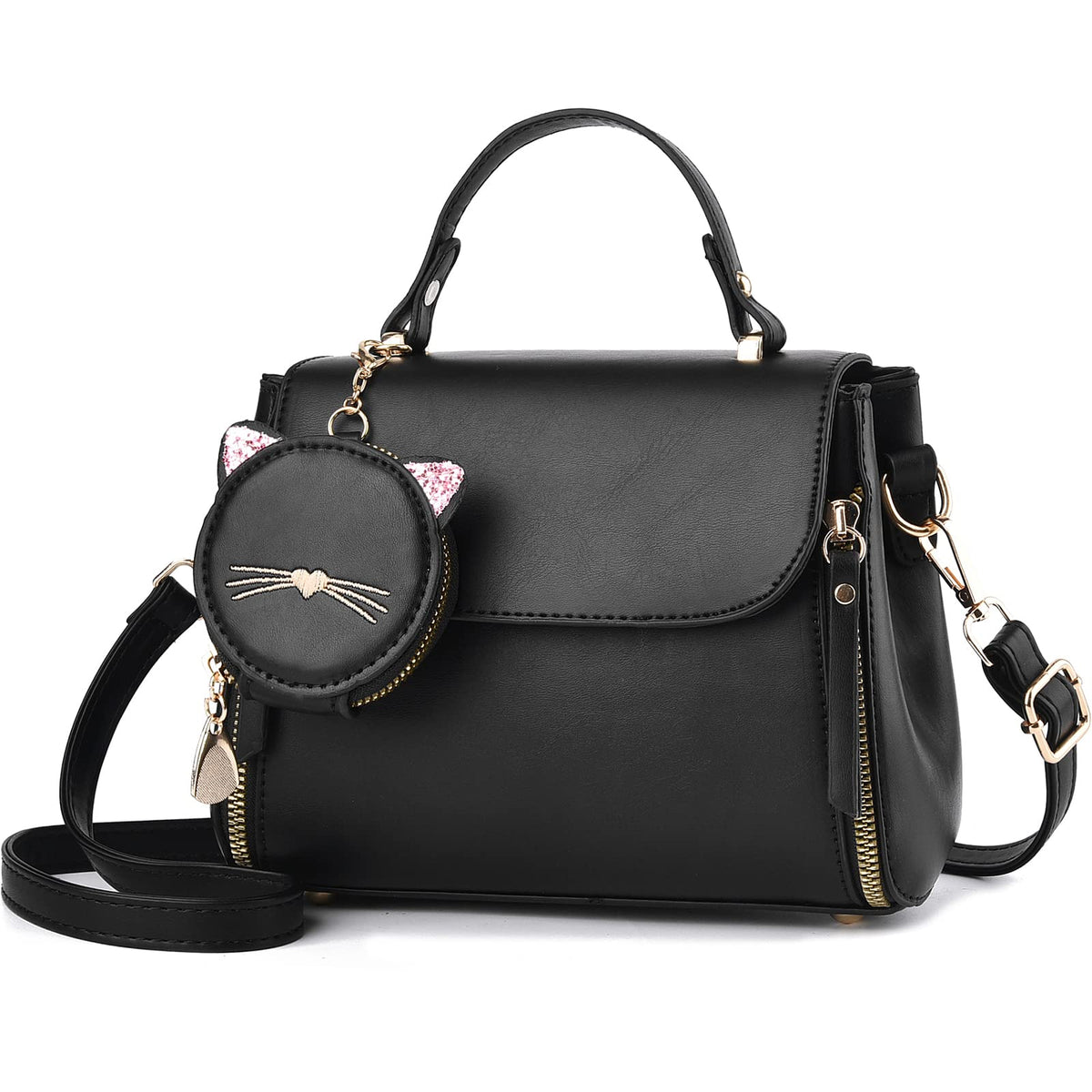 I IHAYNER Fashion Purses and Handbags for Women Top Handle Bag Girls Small Crossbody Shoulder Bag for Ladies with Kitty Purse, Black, M