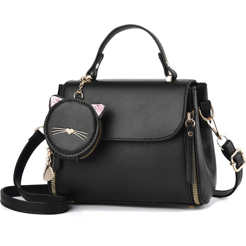 I IHAYNER Fashion Purses and Handbags for Women Top Handle Bag Girls Small Crossbody Shoulder Bag for Ladies with Kitty Purse, Black, M