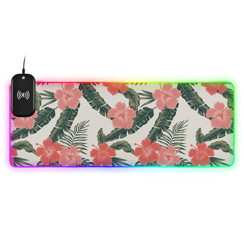 Hibiscus Flowers Wireless Charging Mouse Pad for Mobile Phone Extra Large Gaming Mousepad with 13 Lighting Modes Extended Desk Mat for MacBook PC Laptop Desk Office Home Gaming