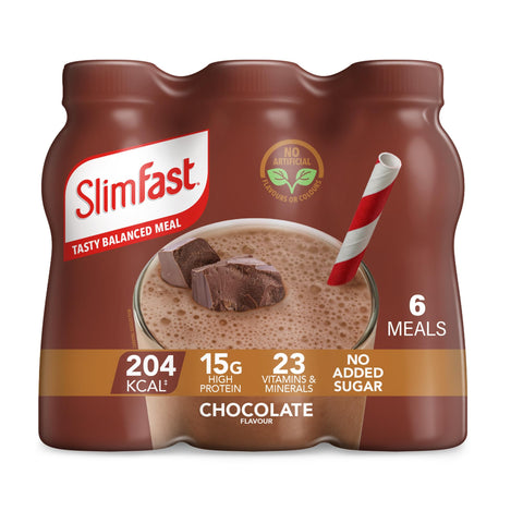 SlimFast Ready To Drink Shake, Tasty, Balanced Shake with Vitamins and Minerals, No Sugar, Chocolate Flavour, 6 x 325 ml Multipack, Packaging May Vary