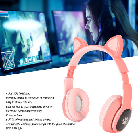 Cat Ear Gaming Headphone, LED Headphone 5.0 Small Memory Card Linein Mode Powerful Bass Wired Wireless Mode for Home for Computer