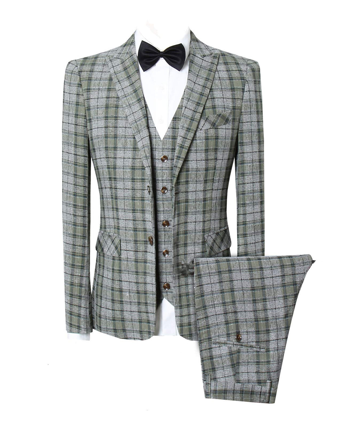 MOGU Mens 3 Piece Slim Fit Plaid Suit Blazer+Vest+Pants US Size 36 Green