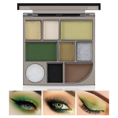 Boobeen Green Smoky Eyeshadow Palette, 9 Colors Eye Shadow Powder for Women, Matte Glitter Eyeshadow Makeup with Long Lasting Color