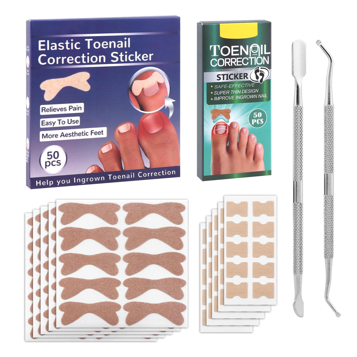 100 Pieces Ingrown Toenail Corrector Patch Ingrown Toenail Corrector Treatment Tool Sets with Double-end ingrown toenail lifter, Ingrown Toenail Corrector Patch, Double-end cuticle remover