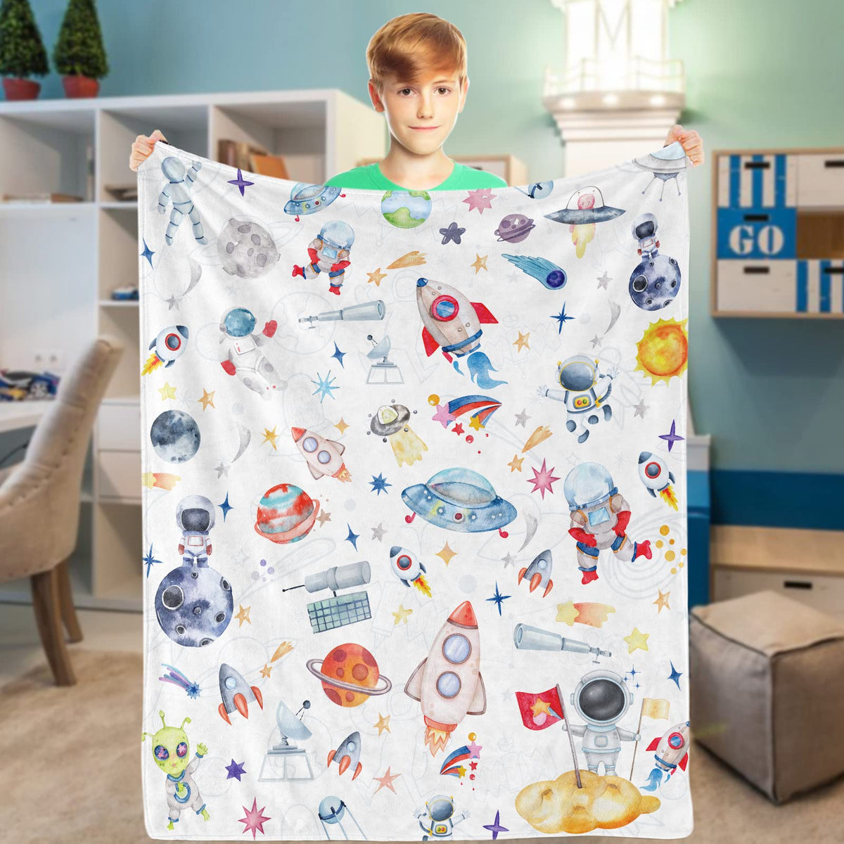 Domgoge Space Throw Blanket Blankets Baby Soft Cozy Fleece Planets Fluffy Fuzzy Flannel Outer Rocket Astronaut Galaxy Universe for Newborn Kids Boy Crib Sofa 76x102cm, Space-white