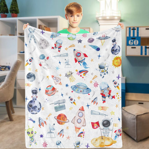 Domgoge Space Throw Blanket Blankets Baby Soft Cozy Fleece Planets Fluffy Fuzzy Flannel Outer Rocket Astronaut Galaxy Universe for Newborn Kids Boy Crib Sofa 76x102cm, Space-white