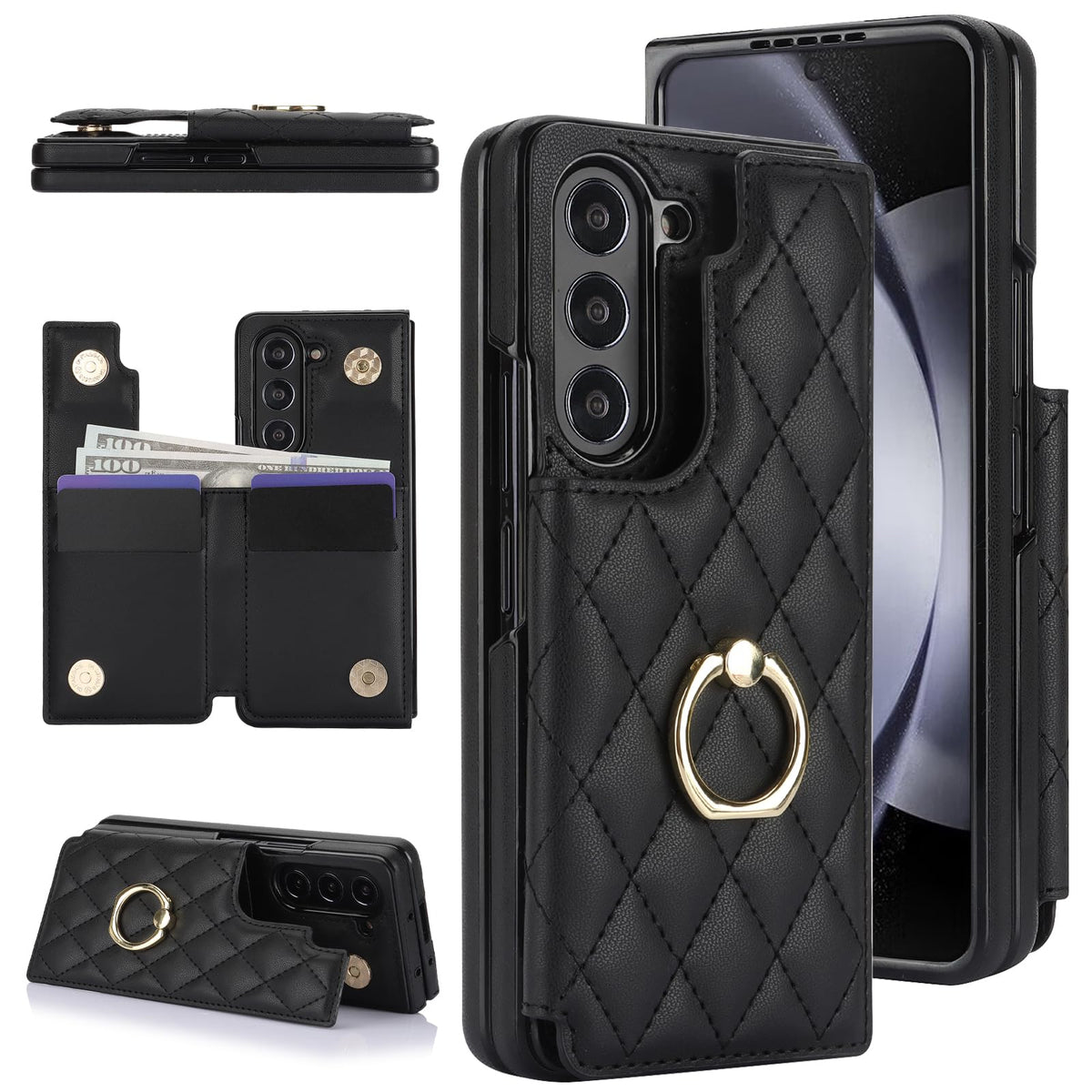 XIMAND for Samsung Galaxy Z Fold 6 Wallet Case with Ring and Credit Card Holder, Cash Slot, Luxurious Diamond Leather Magnetic Clasp Kickstand Heavy Duty Protective Cover.(Black)