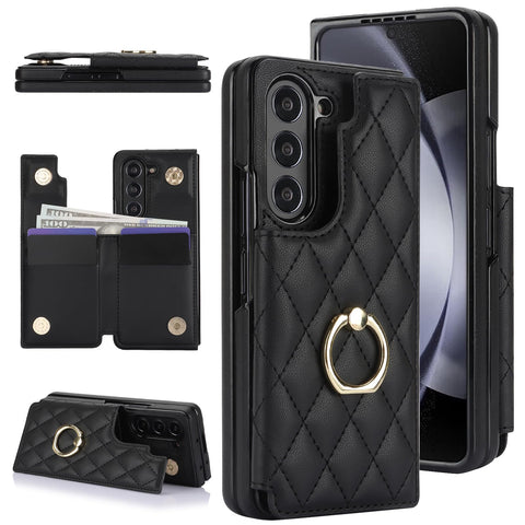 XIMAND for Samsung Galaxy Z Fold 6 Wallet Case with Ring and Credit Card Holder, Cash Slot, Luxurious Diamond Leather Magnetic Clasp Kickstand Heavy Duty Protective Cover.(Black)