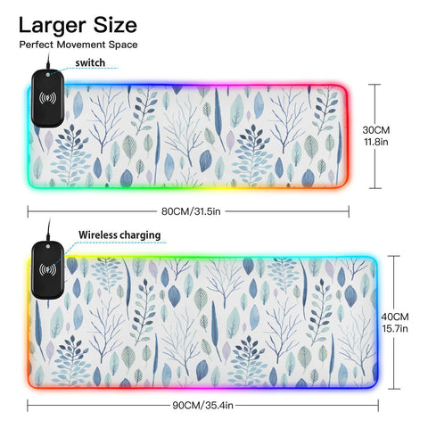 Flowers Leaves Wireless Charging Mouse Pad for Mobile Phone Extra Large Gaming Mousepad with 13 Lighting Modes Extended Desk Mat for Office Home Gaming MacBook PC Laptop Desk