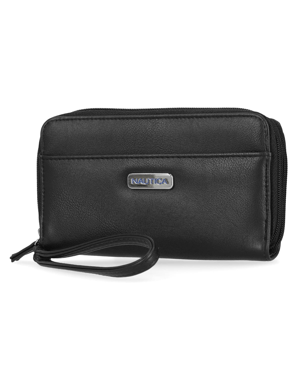 Nautica On The Double Zip Around Vegan Leather Womens RFID Clutch Wallet With Wristlet Strap, Black,