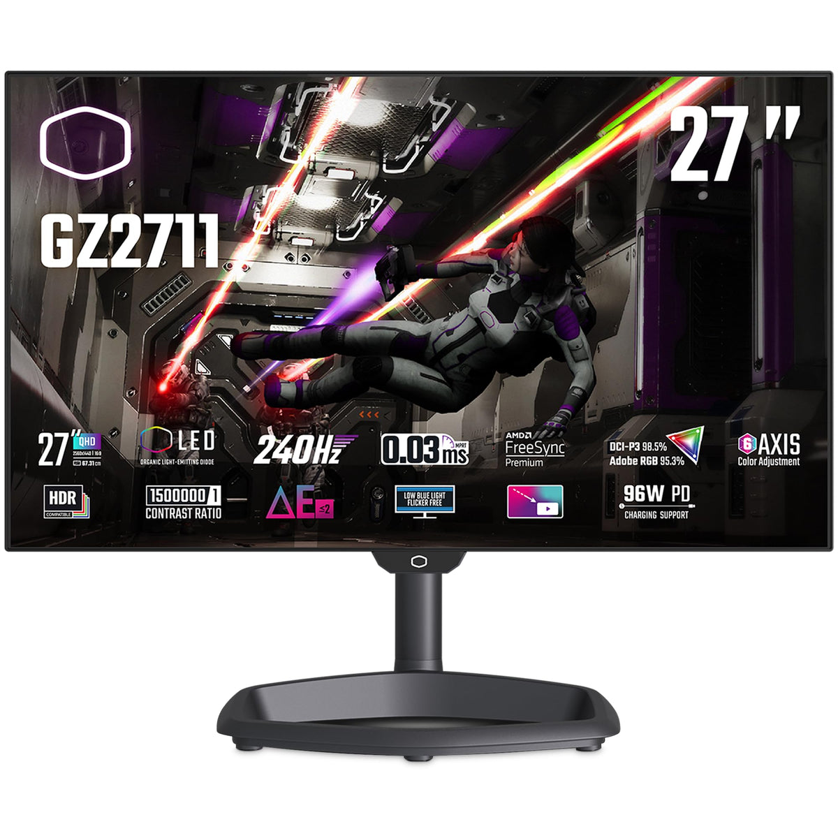 Cooler Master Tempest GZ2711 27" OLED Monitor - WQHD (2560x1440), 240Hz, 0.03ms GtG, WOLED Panel, 98.5% DCI-P3 (?E?2, 10-Bit), KVM, RGB Ambient Light, 4-Way Stand, DP 1.4, HDMI 2.1, USB Type-C (96W)